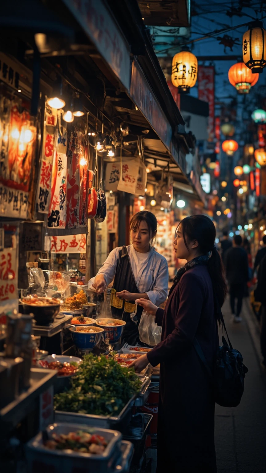 (best quality, masterpiece:1.2), a lone ramen peddler is dragging his yatai across the streets after the business hours ends, late evening, photorealistic illustration, ghibli style