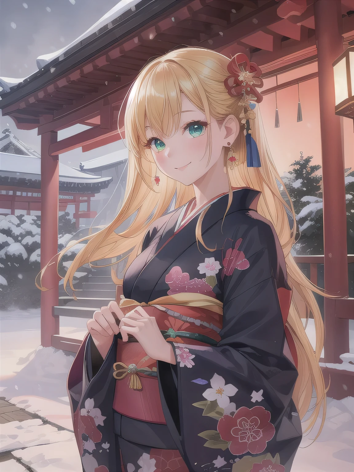 A breathtakingly beautiful 20-year-old woman with a slender physique, dressed in an elegant black and red kimono suitable for the Japanese New Year. She stands against the serene backdrop of a New Year's sunrise, featuring a traditional Japanese shrine, snow-covered grounds, and vibrant red camellias in bloom. Her gentle smile and friendly expression harmonize with the peaceful atmosphere of the snowy morning. (RAW photo, top quality, realistic, photo-realistic:1.4), (masterpiece, extremely detailed, 2k wallpaper), (Ultra Details, high res, soft light, cinematic lighting), (perfect anatomy, slender body), (extremely detailed eyes and face, beautiful nose, beautiful eyes). 　　 bewitching smile, Blonde, green eyes, long hair, earrings, jewelry, revealing clothes。長い髪,ティアラ,アホ毛,オレンジの髪,青い目。