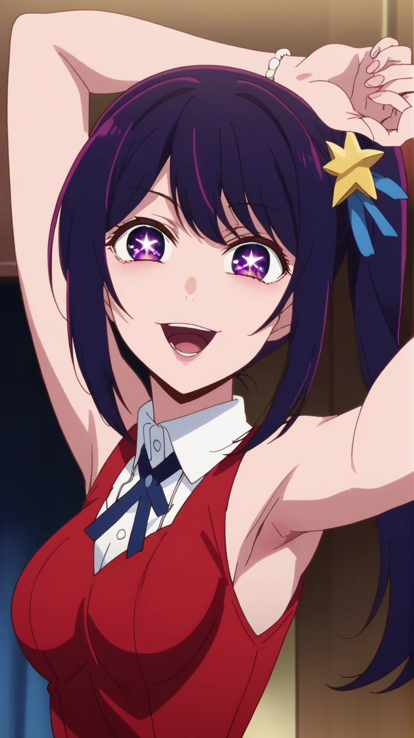 score_9, score_8_up, score_7_up, source_anime, anime screencap, 1girl, solo, ai hoshino, purple hair, side ponytail, hair pin, purple eyes, star pupils eyes, medium breasts, long hair, arm up, raised arm, armpit, looking at viewer, head towards viewer, smile, badhandv4, opened mouth,red shirt, white collar, blue tie ribbon, bracelet, sleeveless, from side, stage perform