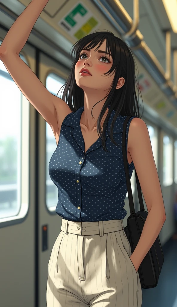 25-year-old Shi Qing，Height 1.75 meters，Slim body，Beautiful appearance，Ah Hey Yan，Stick out your tongue，Large breasts L cup。She was wearing a modest skirt and a loose white shirt.，Standing in a crowded bus，Hip skirt can only cover half of the buttocks，Blushing cheeks，Shy and embarrassed expression，The body was pressed tightly against the bus window，Appearing nervous。She has long legs and a slender waist.，The plump buttocks are particularly attractive，Tiptoe，Grab the horizontal bar above your head with one hand，The cuffs reveal the lace bra underneath，Higher hips
