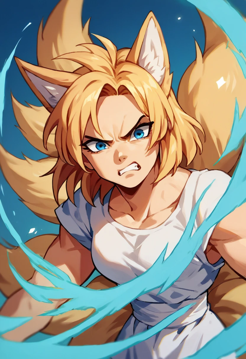 score_9, score_8_up, score_7_up, score_6_up, score_5_up, score_4_up, (source_anime), 1girl, solo, blond spiky hair, super saiyan, kitsune, fox ears, 9 tails, blue eyes, aura, angry