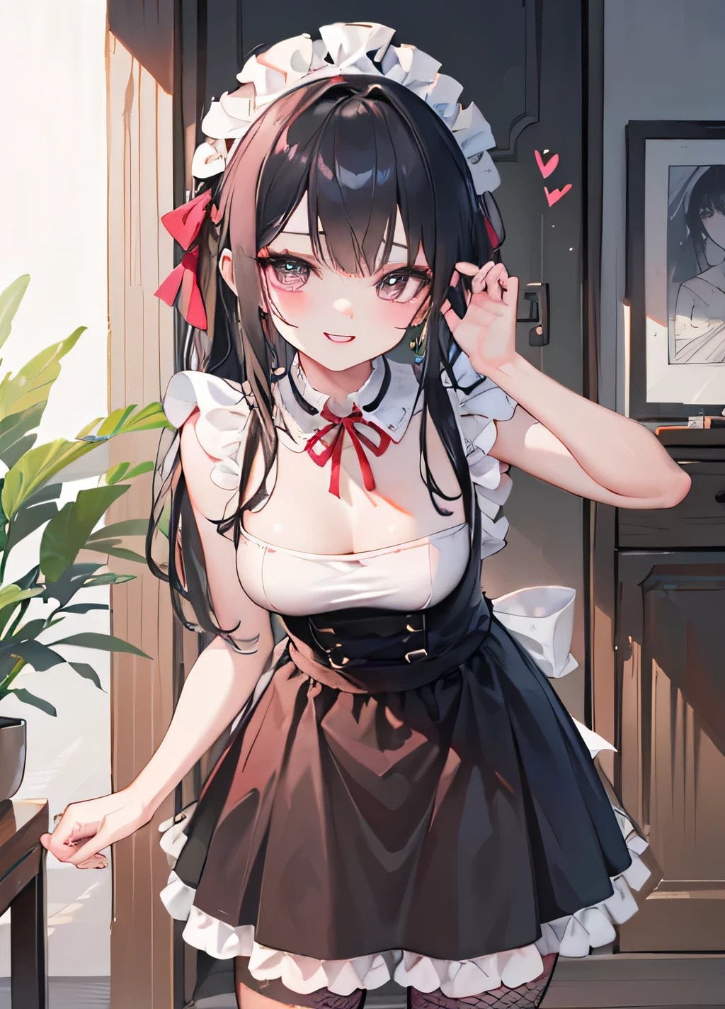 (( top quality)), (( Masterpiece )), ( Details), Slender Woman、21 years old、Landmine Girl、 (( black hair、 long hair、 big ribbon、
headband、
Valletta、
braided ribbon 、
pearl pins 、
Bijou Items 、
Cameo Motifs 、 white skin、 my style makeup 、 white skinのメイク : base makeup that makes skin look white 。
• red and pink cheek clips : black and lace choker teeth 。
• highlight teardrop bags : I often see teardrop bags with eye makeup 。
• Highlight eyeliner : teeth、 give a slightly aggressive impression with eyeliner that draws the outer corner of the eye for a long time 、 mine style fashion 、 Slender Woman 、 Dark Eyes、 Sleeveless 、 white maid clothes 、 White Mini Skirt 、 black fishnet tights、 Black Apron Dress、 black fishnet stockings 、 lean forward 、 cute pose 、 stand with legs open、 Touch your face with both hands 、 puts her hands on her cheeks 、smile、 Girly Atmosphere 、smile、wink)))、 Large hair ornament、 transparent bodystocking
see-through, bodystocking 、
Loose Fit T Shirts 、 accentuate it with a shirt tag
sweaters
Asian beauty
beauty
Big Breath 、
down blouses
loose t-shirt
Lean forward