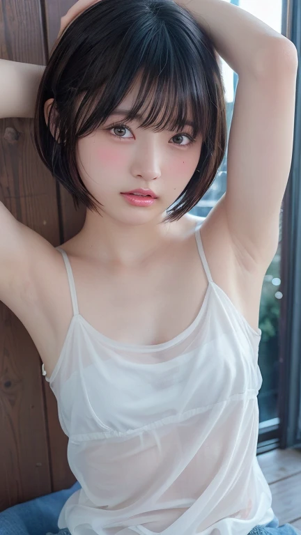 ( bob cut hair :1.2),( camisole:1.6、sheer:1.4), 1 girl, Japanese ,21 years old,( small breasts:1.3),( top quality,masterpiece:1.3, super A high resolution,),( ultra detail , caustics ),( photorealistic:1.4,RAW shooting,) super realistic capture , very detailed, high resolution 16K close-up of human skin 。  Natural Skin Texture、,pores、 small tits、  must be detailed enough to be easily identified。  skin must be uniform and healthy 。 Uses natural light and colors,  shy expression ,  staring at the camera ,  perfect dynamic composition,  flat chest、mole、((Under both armpits:1.2))、blush、sweat、発sweat、流れるsweat、 sit on the floor、 headdress、 wet、