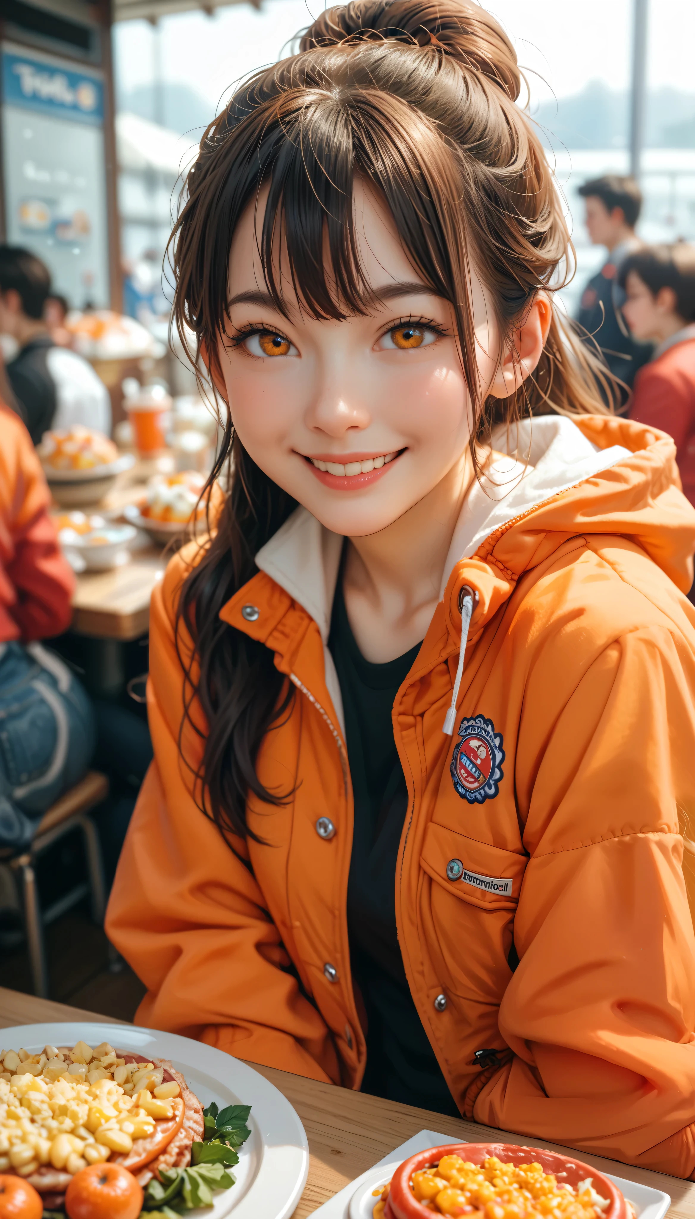 Hi-def photo 、 Female Adult、 orange down jacket outfit、  in front of a food stall in Frankfurt、 staring at the camera with a smile 。 Mr. Sawa's stalls are lined up 。