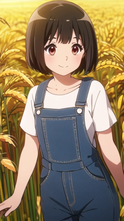 1 niña, Solo, dark brown hair, short hair, bob cut, sonrisa, naked_overall, wheat