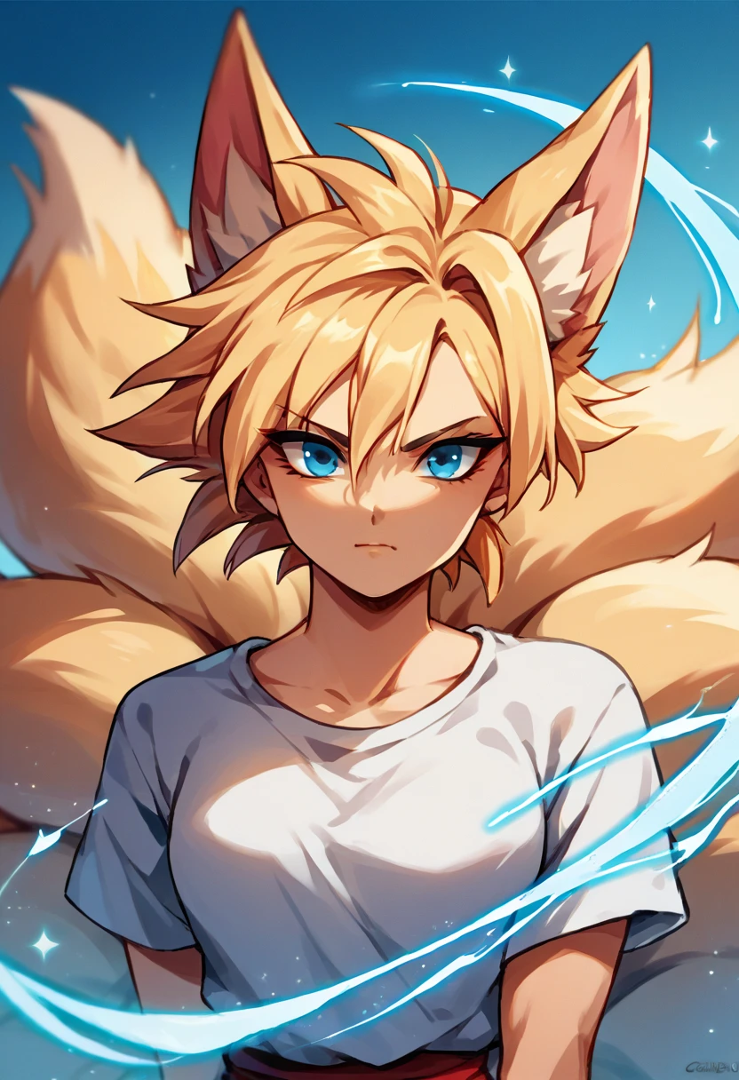 score_9, score_8_up, score_7_up, score_6_up, score_5_up, score_4_up, (source_anime), 1girl, solo, blond spiky hair, super saiyan 2, kitsune, fox ears, 9 tails, blue eyes, electric aura