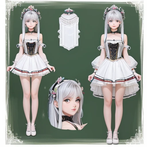 ((masterpiece)), (Highest quality))), (Character design sheet, National costume, same characters, front, ~ side, return), figure, 1 girl, whole body, Silver Hair, eyes hair, Beautiful Eyes, Princess Cut, Environmental change scene, Short skirt, Shyness, woman, girl, Are standing, Gothic ta, VTuber, Chartern Betarola, (simple returnground, white returnground: 1.3) ( masterpiece:1.2), (Highest quality:1.3)