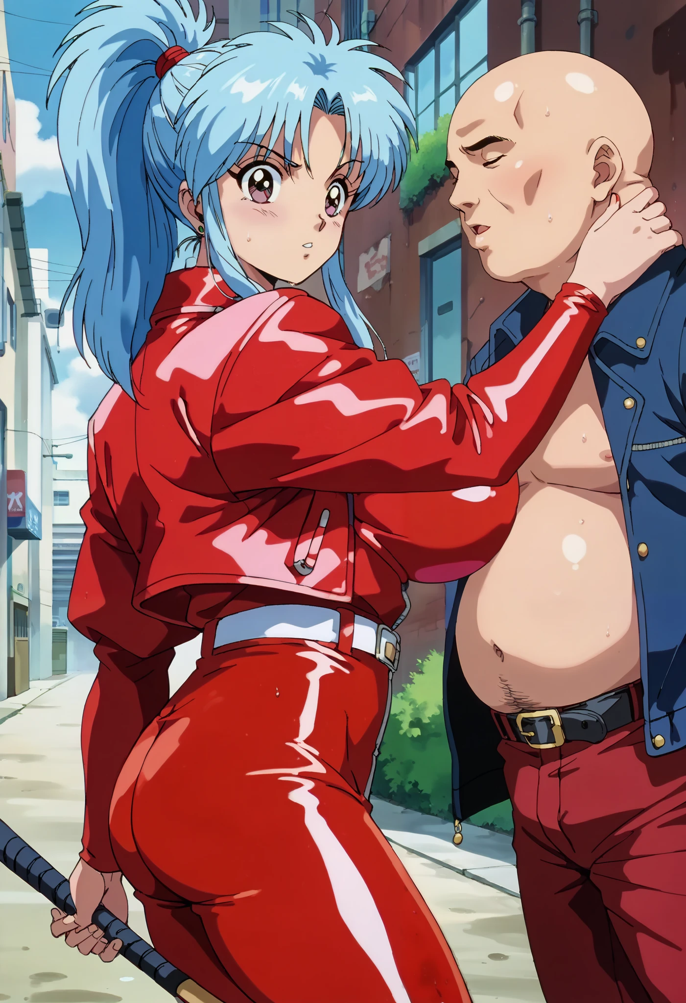 score_9, score_8_up, score_7_up, score_6_up, score_5_up, score_4_up, masterpiece, best quality, very aesthetic, absurdres, source_anime, anime screencap, 1990s \(style\), BREAK (1girl, 1bald faceless fat man:1.35), Botan, Yuyu Hakusho, light blue hair, parted bang, ponytail, (roll up long sleeve, red latex jacket on naked, belt, red pants, long pants, holding baseball bat, white boots), ((((ultra huge breasts:1.2, ultra huge cleavage:1.2, ultra huge tits:1.2, ultra huge boob:1.2)), ((outdoors, back alley, side street, alleyway city, dark atmosphere:1.25, dark outsides:1.25, cloudy:1.25)), (((directly side view, directly side angle))), (standing), (nsfw, sweat face:1.45, steam:1.35), serious face, 