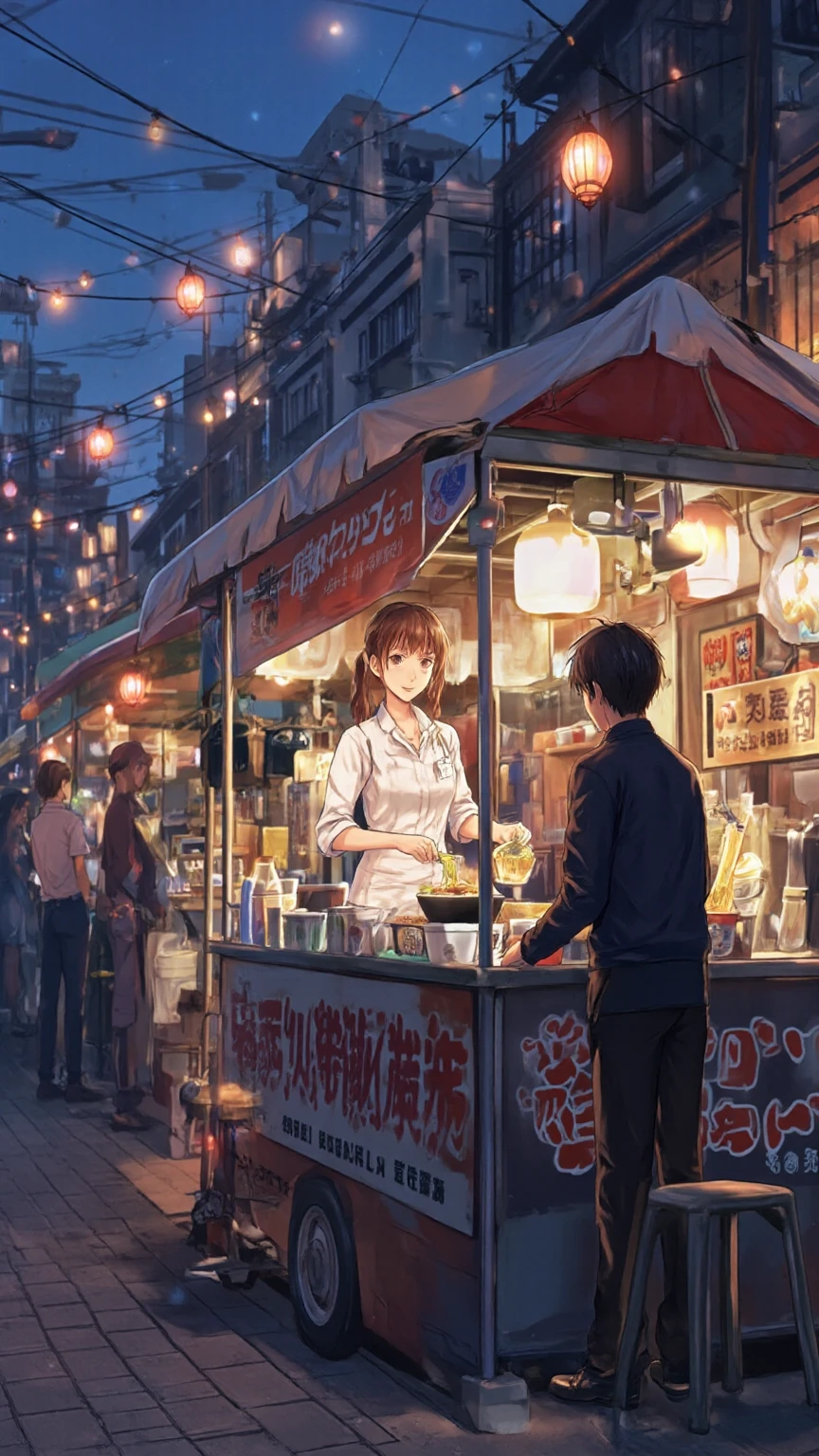 (best quality, masterpiece:1.2), a lone ramen peddler is dragging his yatai across the streets after the business hours ends, late evening, photorealistic illustration, ghibli style