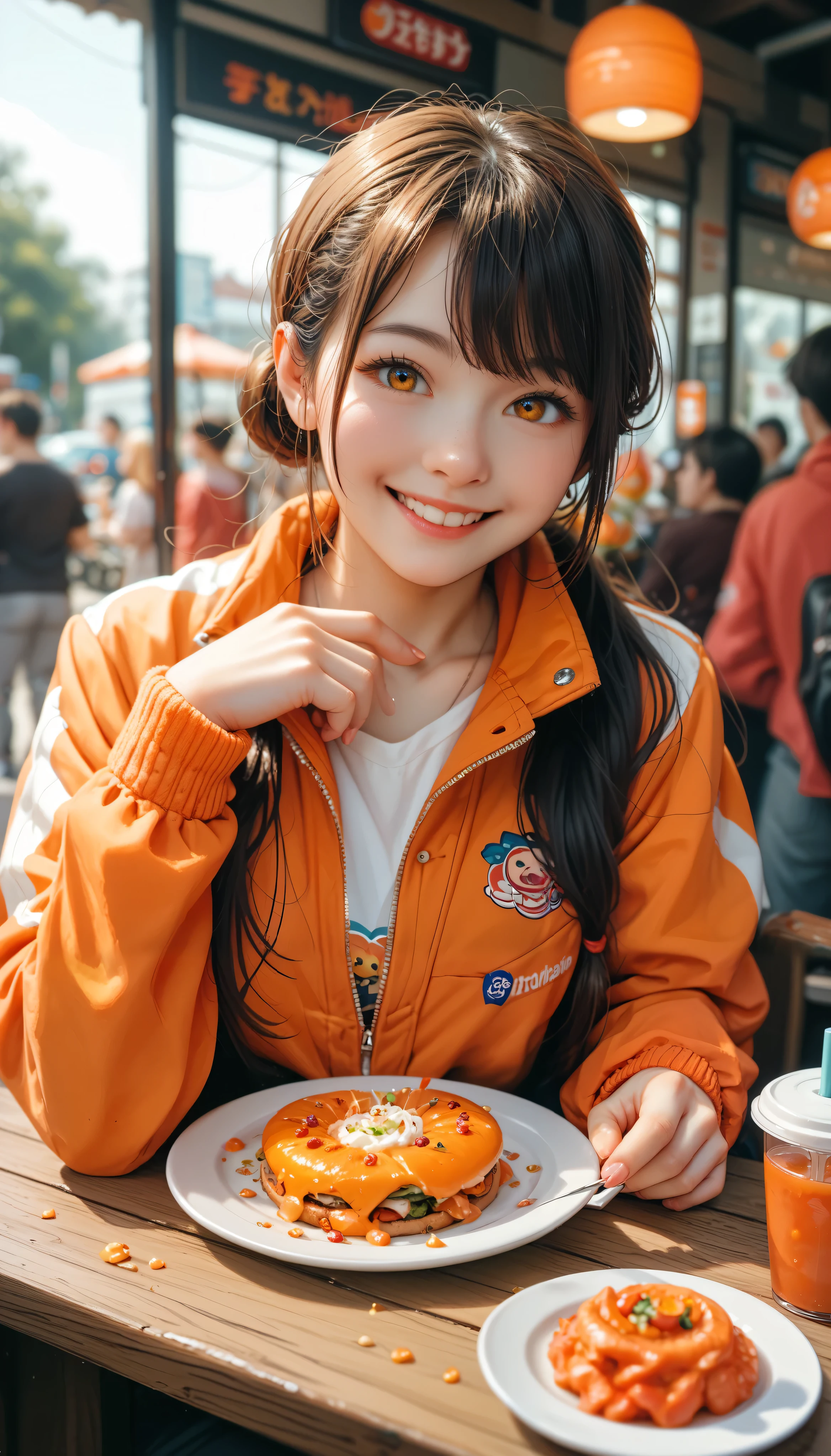 Hi-def photo 、 Female Adult、 orange down jacket outfit、  in front of a food stall in Frankfurt、 staring at the camera with a smile 。 Mr. Sawa's stalls are lined up 。