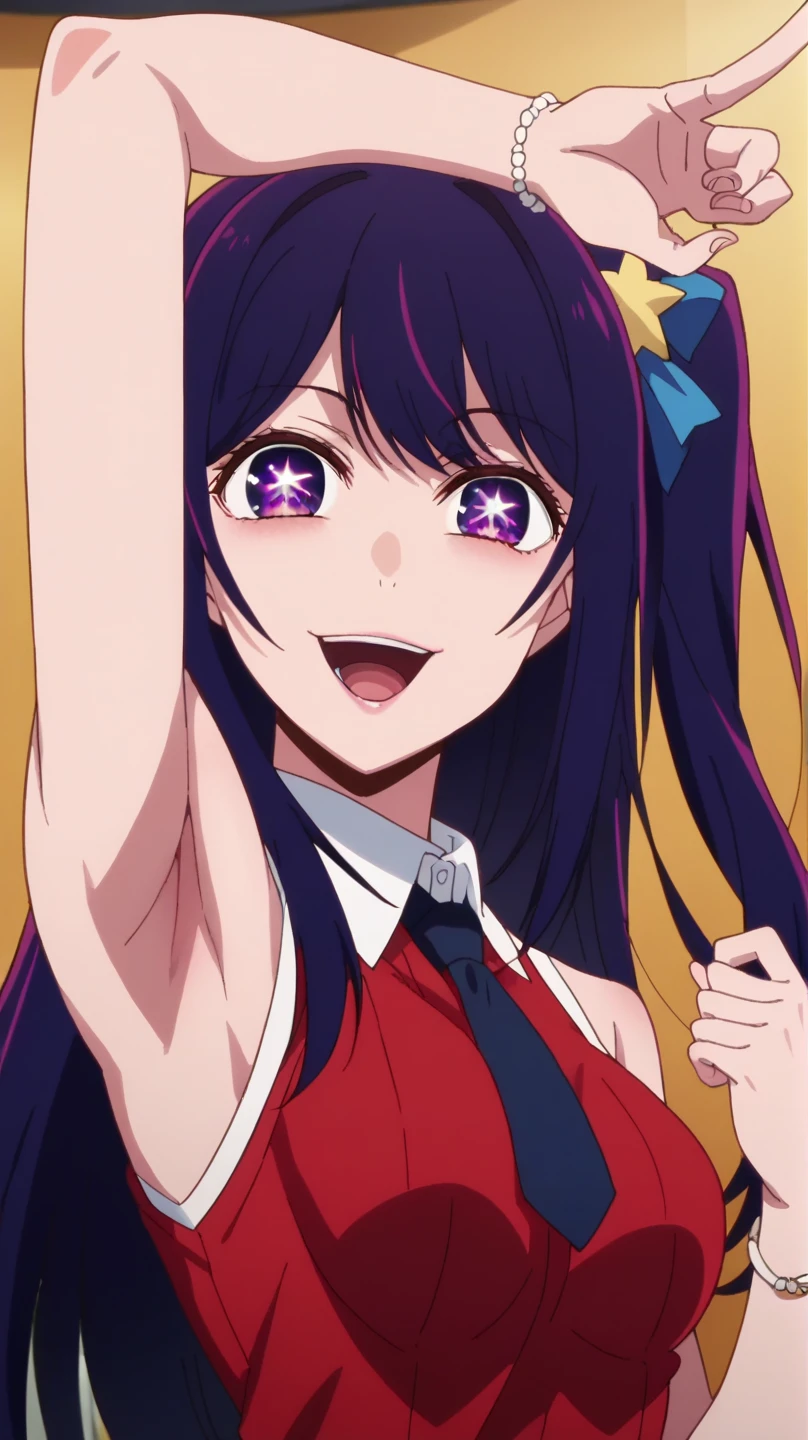 score_9, score_8_up, score_7_up, source_anime, anime screencap, 1girl, solo, ai hoshino, purple hair, side ponytail, hair pin, purple eyes, star pupils eyes, medium breasts, long hair, arm up, raised arm, armpit, looking at viewer, head towards viewer, smile, badhandv4, opened mouth,red shirt, white collar, blue tie ribbon, bracelet, sleeveless, from side, stage perform