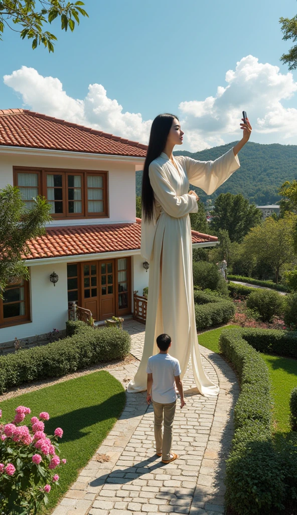 Aerial view,A hyper-realistic, high-resolution photograph of a stunning Chinese giantess taking a selfie from a top-down perspective, capturing her full figure. She stands gracefully beside a charming two-story villa with red-tiled roofs and white walls, her towering height matching the villa's second floor. In the corner of the frame, her husband, whose height only reaches her knees, gazes up at her with awe and admiration, emphasizing the dramatic size difference—she is four times his height. The scene is set on a bright, sunny day with a clear blue sky and soft clouds, casting warm, natural light on the surroundings. The giantess wears an elegant, modern Chinese-inspired outfit with flowing fabrics, her long black hair cascading down her shoulders, and her expression radiates confidence and poise. The villa is surrounded by a lush garden filled with vibrant flowers, neatly trimmed hedges, and a cobblestone pathway, adding depth and beauty to the composition. The image is captured with a wide-angle lens to highlight the vastness of the scene and the striking contrast between the giantess and her husband. The atmosphere is serene yet awe-inspiring, evoking a sense of wonder and the extraordinary bond between the couple.