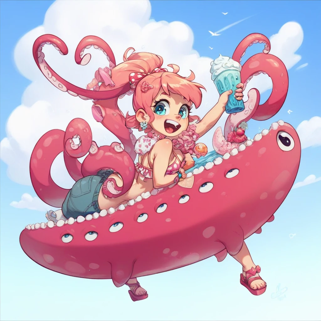 Cute girl with an ice scoop riding a giant octopus on the beach 