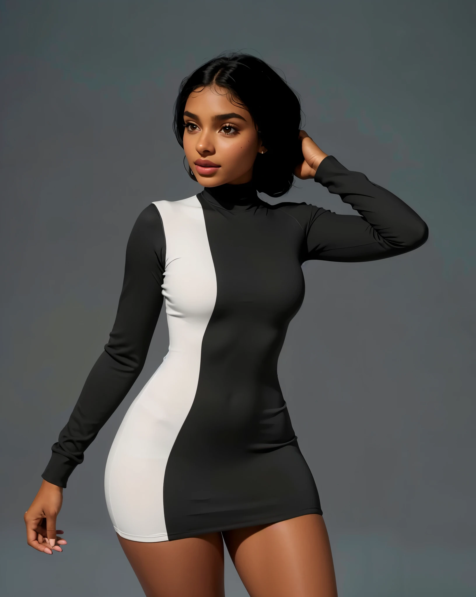 Blank studio background, (Beautiful  girl, Yara Shahidi, KIKI Layne, Kylie Jenner, Maitreyi Ramakrishnan, young Jessica Alba), Wearing tight white and black cotton-Lycra-fabric long sleeve mini dress, round breasts, (HDR, 8K, perfect lighting, vivid, vibrant, detailed: 1.4), (hyper realistic, movie graphics)