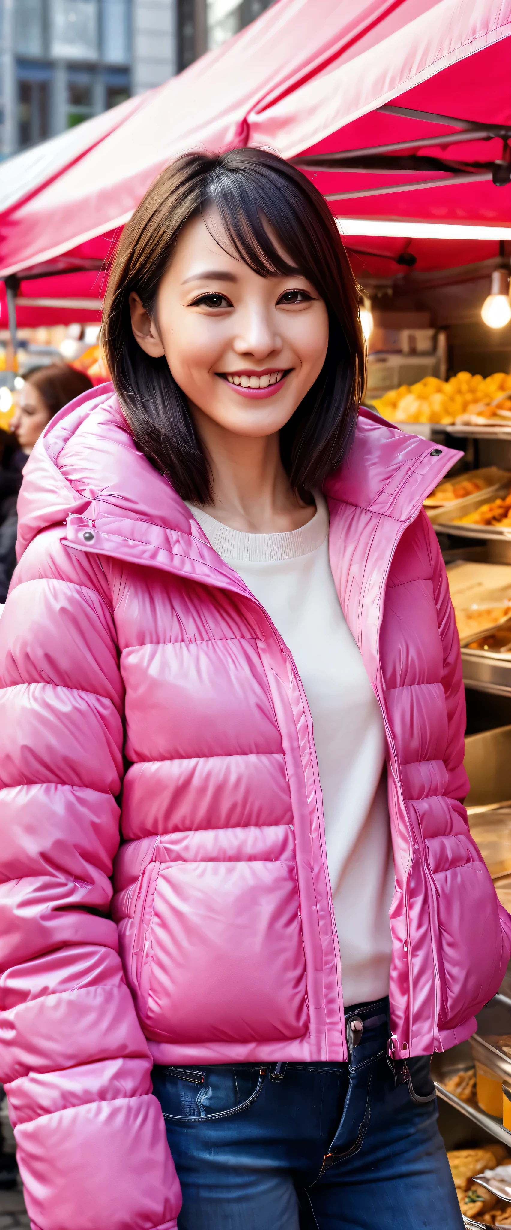 Hi-def photo 、 Female Adult、pink down jacket outfit、  in front of a food stall in Frankfurt、 staring at the camera with a smile 。 Mr. Sawa's stalls are lined up 。