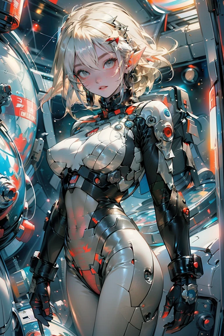 's greatest masterpiece、 top quality、8k、 Pretty Elf Girl、(((The perfect bodysuit for the body)))、((Big Breasts:1.5))、Beautiful glowing blonde、 Attractive Body Line 、bewitching、Amazing abs、 outer space 、A space base full of futuristic mechs、 Dynamic Composition 