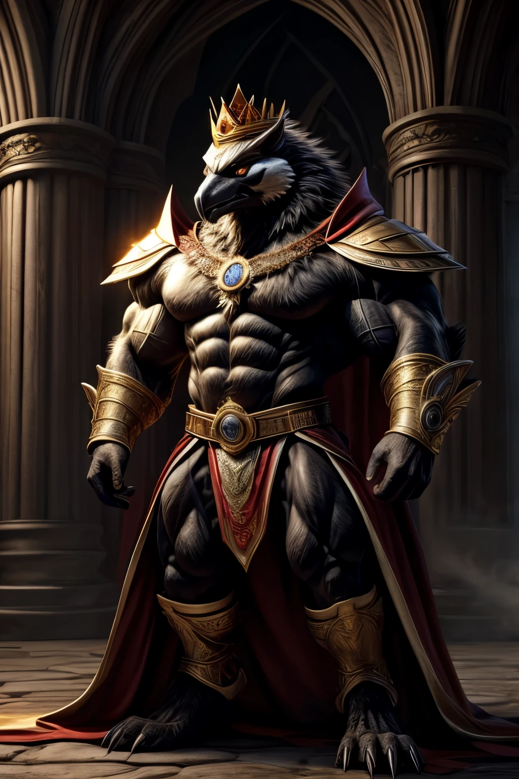 a very very muscular full body black and white hawk with a evil crest and a king's crown