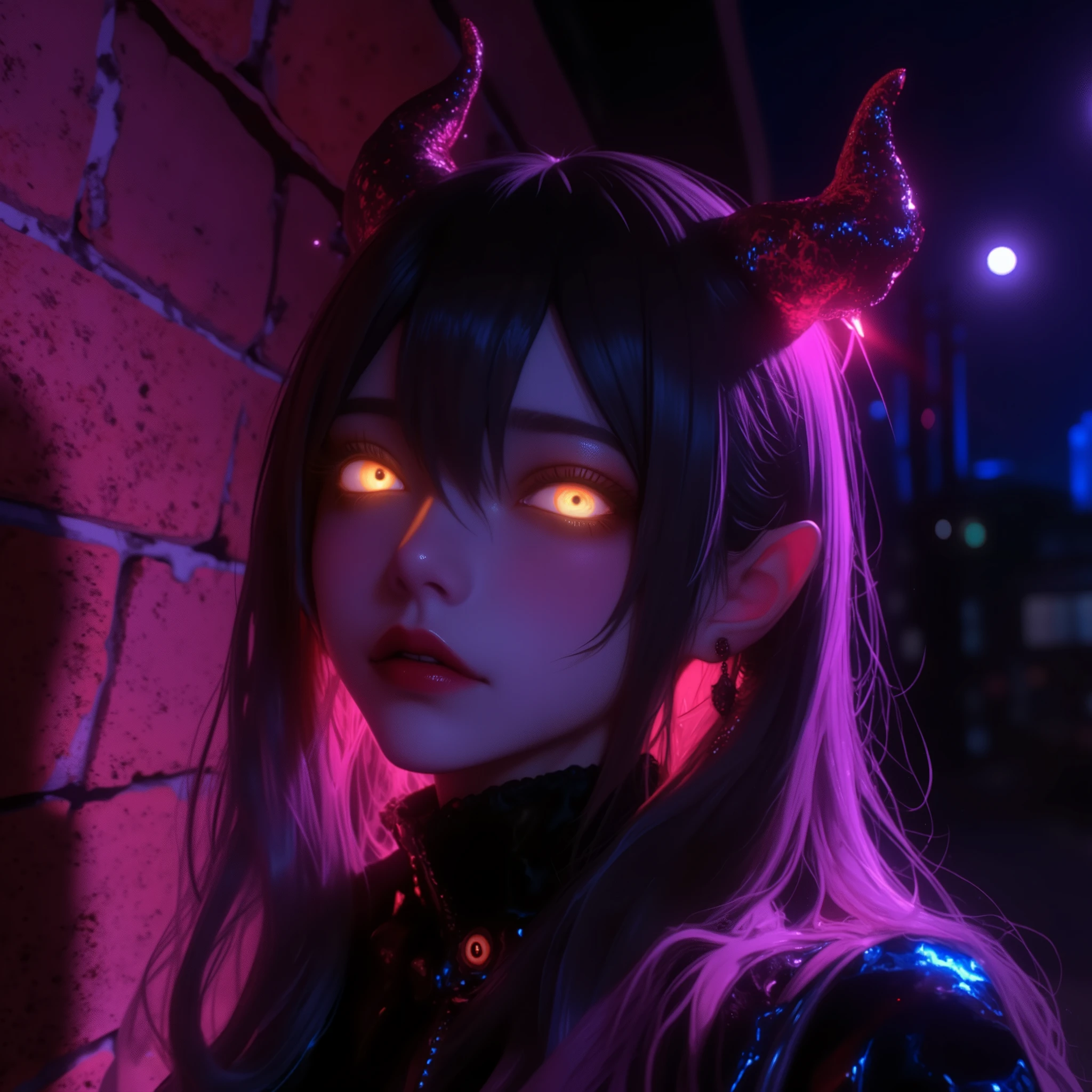 blacklightdskStyle, 1girl, solo, long hair, looking at viewer, bangs, black hair, hair between eyes, jewelry, closed mouth, jacket, upper body, multicolored hair, earrings, horns, pointy ears, from side, orange eyes, glowing, piercing, slit pupils, demon horns, ear piercing, glowing eyes, brick wall, masterpiece, official art, absurdres, 32k UHD, 4 point perspective, vantage point,