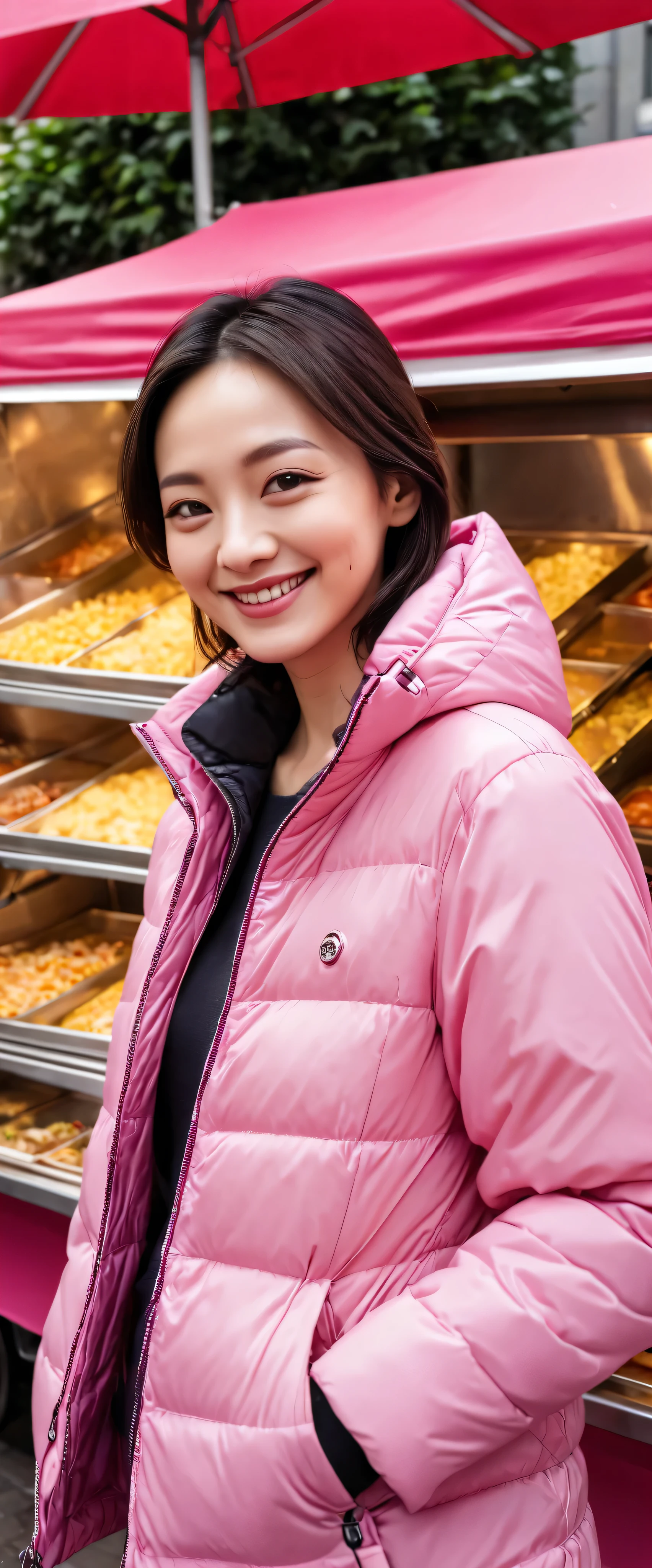 Hi-def photo 、 Female Adult、pink down jacket outfit、  in front of a food stall in Frankfurt、 staring at the camera with a smile 。 Mr. Sawa's stalls are lined up 。