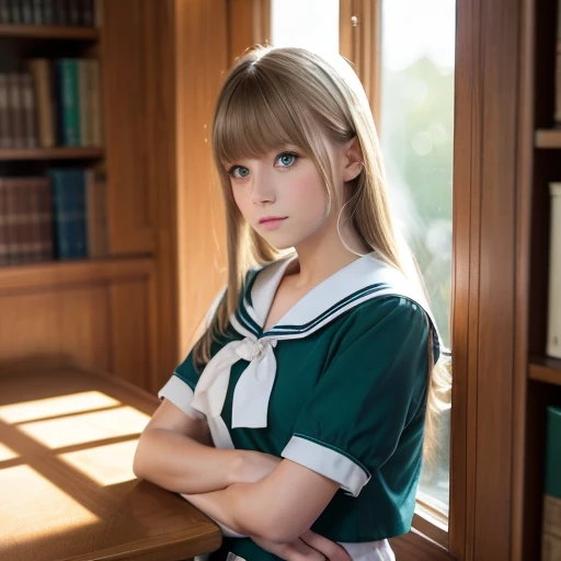 ((Masterpiece, top quality,  high definition)),  One Girl , Alone,  green eyes, Her long blonde hair is tied with a blue ribbon, blunt bangs,  is sitting,  cross my arms on the table , Sleeping with arms crossed,  school uniform, White sailor suit,  red sailor collar ,   short sleeve,  white pleated skirt, ( in the library ), Dramatic light,  by the window , afternoon light through the window, afternoon, Bokeh effect