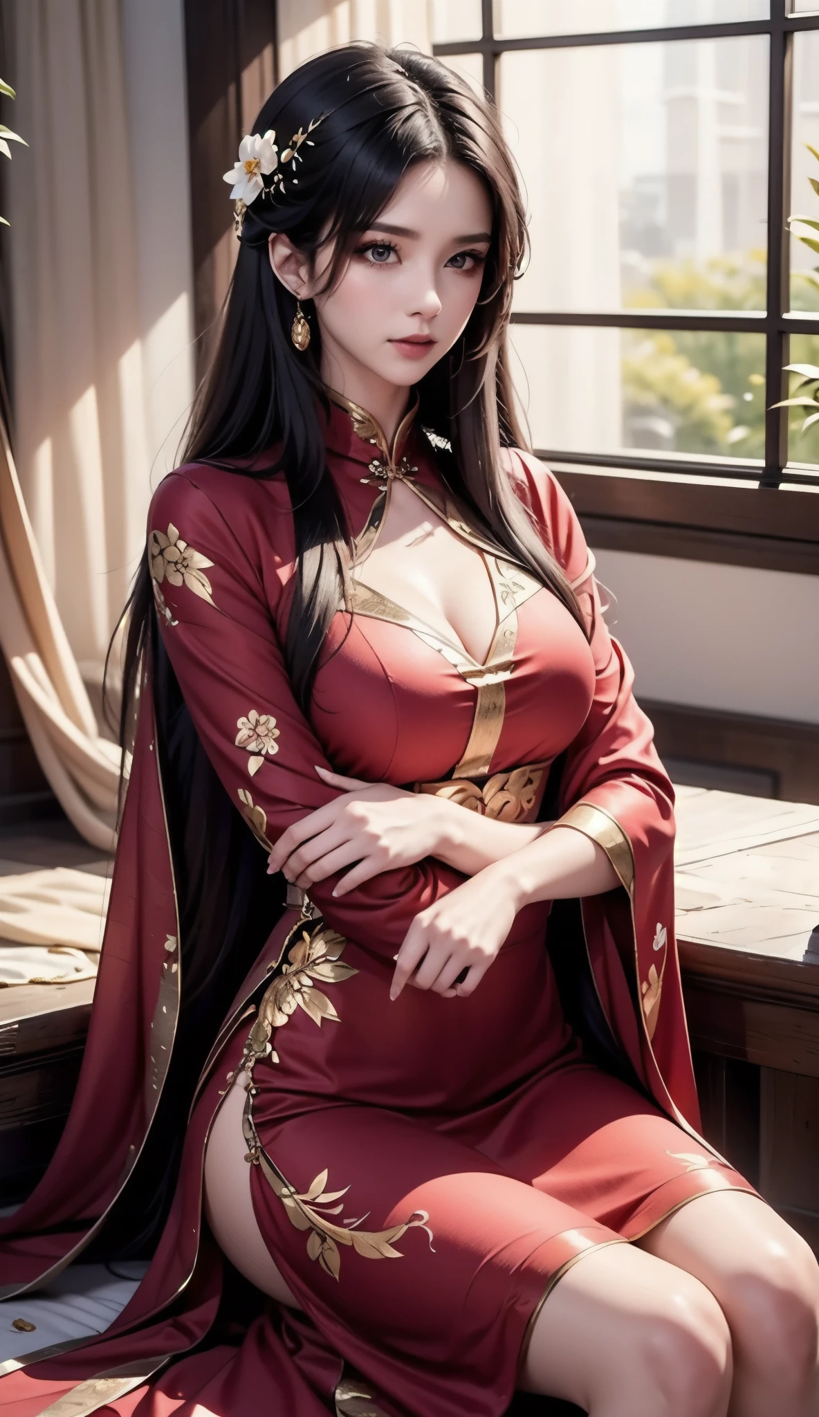 "A gorgeous girl in a bright red dress with gold floral motifs, a long black hairstyle adorned with Chinese floral ornaments, an elegant sitting posture in a room with soft sunlight streaming through, flickering white curtains and falling flower petals."