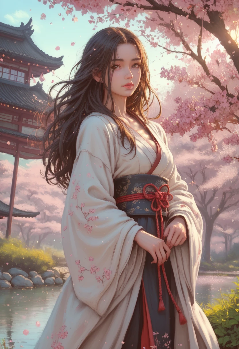 1girl , masterpice, solo, wide shot,  long hair, brown hair, look at me, anime background, ultra aesthetic scenery, ultra quality compsition, beautiful nature, ambient light, volumetric lighting, hdr environment, in spring, cherry blossoms