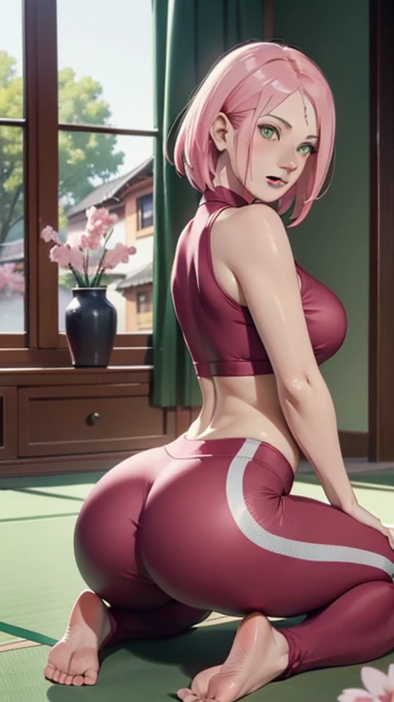 masterpiece, 1girl, haruno sakura,forehead mark, red hairband, red sleeveless dress, white see through pants,navel,  groin,  camel toe, looking at viewer, bent over, back view, big butt, seductive smile, blush, wet body, wet clothes