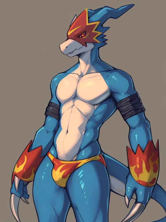 (by zackary911, anime, soft hatching) anthropomorphic, solo, human anatomy, adult, tall, mature, anthro, (lean, muscular, skinny muscles, pecs), (flamedramon (DIGIMON), red eyes, red mask, blue skin, white belly, white chest), (shirtless, black speedo)