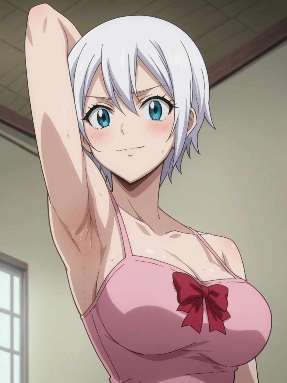 score_9, score_8_up, score_7_up, source_anime, anime screencap, 1girl, solo, lisanna strauss, short hair, blue eyes, hair between eyes, white hair, large breasts, bow, bare shoulders, collarbone, red bow, camisole, pink camisole, arm behind head, armpit, looking at viewer, head towards viewer, badhandv4, from side, from below, smile, pinning down viewer, indoors, guild hall, blush, closed mouth, sweaty armpits