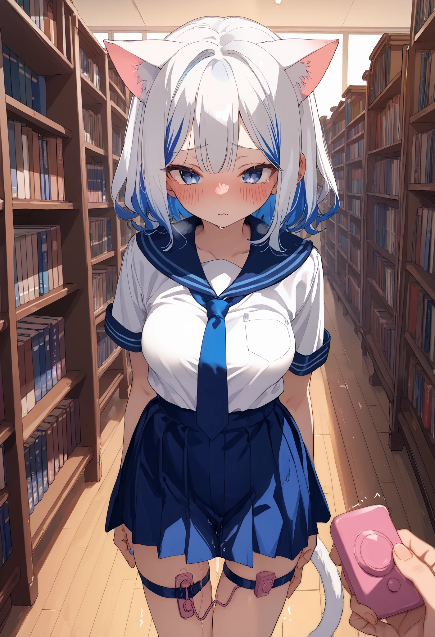 score_9, score_8_up, score_7_up, source_anime BREAK 1girl, solo, pov, (white serafuku:1.2), (blue short skirt:1.5), (White hair and blue highlights:1.5), (blue sailor collared:1.2), (blue ribbon tie :1.2), (light blue eyes:1.3), medium, short hair, solo, (medium breasts:1.2), masterpiece, (blushing:1.1), best quality, highly detailed, (fullbody image:1.5), kwaii, (blue inner hair:1.2), (two-tone hair:1.5), (blushing face:1.4), , (cat ears:1.4), cat tail,  perky breasts,  blush, pov_holding_remote, heavy breathing, pussy juice, twitching, heart, library, books, indoors, rating_questionable, egg vibrator in pussy, thigh strap