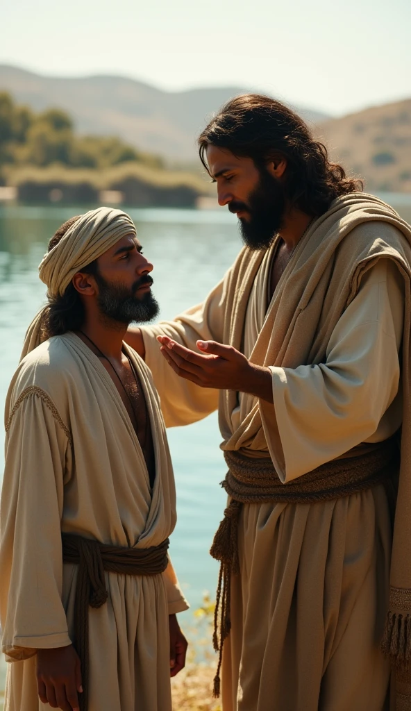 Jesus dressed in blue embracing a very old black-skinned man wearing white clothes with a pipe hanging from his mouth during a shamanic ritual