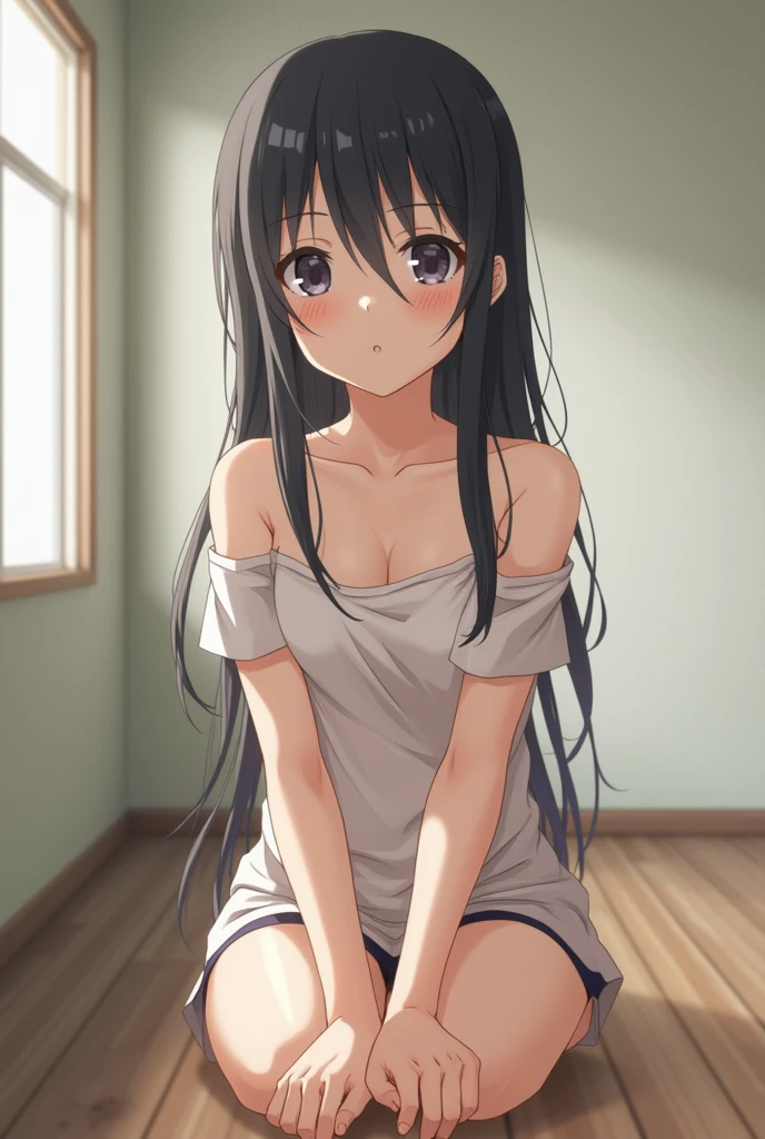 Bathroom sink Elementary school girl 8-year-old Flat Chest Black Hair Long Hair The eyes are purple ((1 person)) Upper body naked Lower body naked bath towel((White panties are visible)) Dynamic Angle Sitting Low - Angle