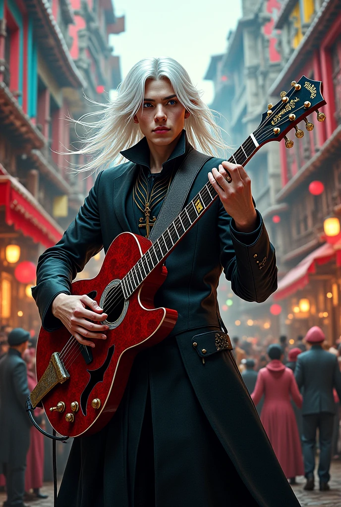 Creating a diabolical bard of about 25 years old with white hair playing a guitar in the middle of a village, It has a lot of charisma