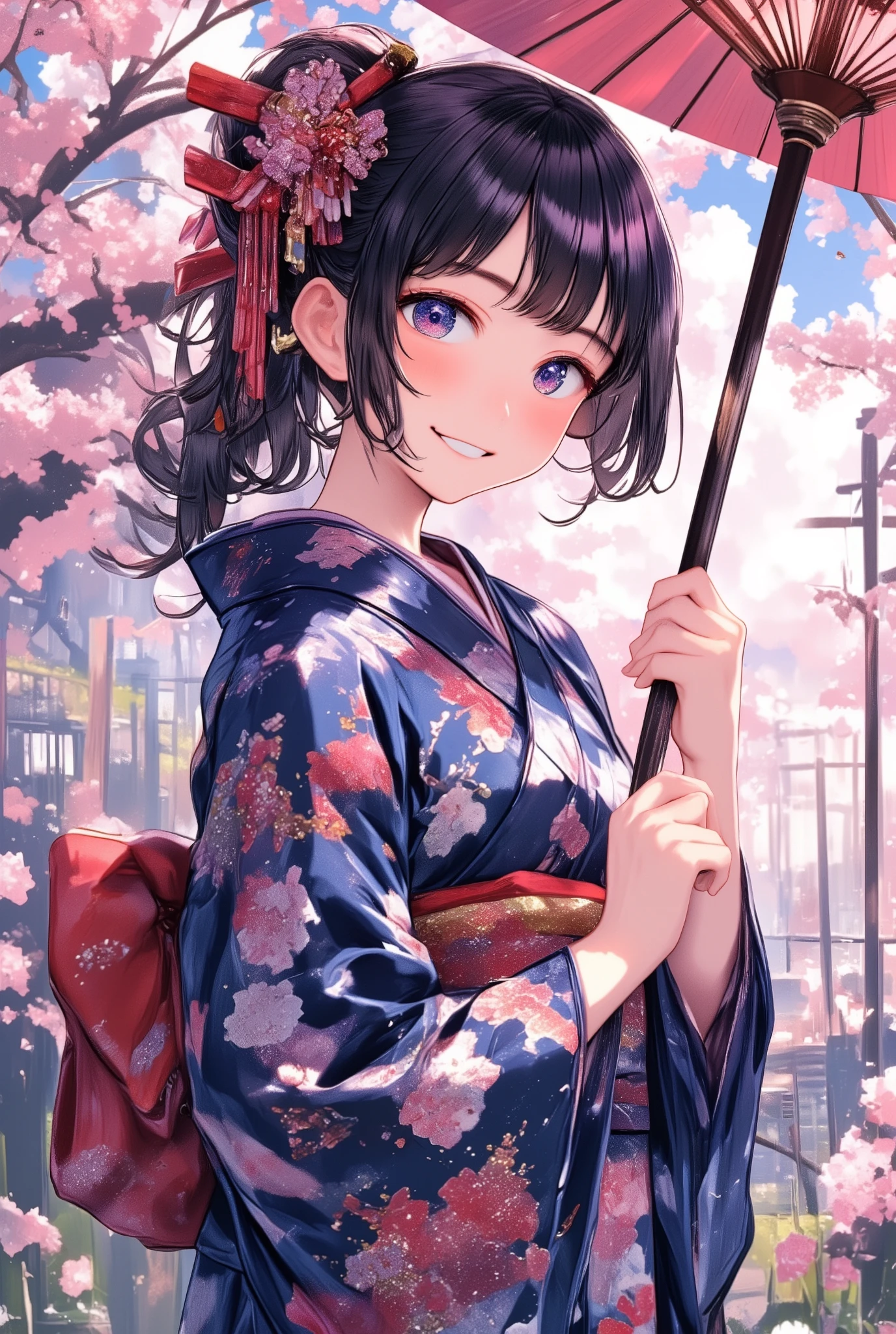 ( top quality:1.5), ( ultra high definition:1.5), (解剖学的にAccurate人体構造), (masterpiece), Accurate, more details, high detail,Award-winning works,32K, PROFESSIONAL ILLUSTRATION , absurd ,Young woman holding a Japanese umbrella, Cute Japanese woman holding a Japanese umbrella in her hand , A beautiful and cute woman wearing a Japanese navy blue kimono standing with a Japanese umbrella, upper body shot above the knee , 1 Japanese woman, 20 years old, Height: 158cm, looking at me with a very cute smile , 綺麗な和風の髪飾りがある着物に似合う ponytail,Red and pink Japanese style hair ornaments , Navy blue Nishijin textile kimono with a beautiful and detailed cherry blossom pattern , Japanese Style , beautiful anime portrait, detailed portrait of an anime girl , amazing beautiful anime portrait , beautiful anime woman , Digital animated illustration with a very detailed depiction , Very artistic, realistic, beautiful anime girl showing beautiful and detailed skin , ponytail, Beautiful dark blue kimono , standing with cherry trees and cherry blossom fuki in the background , Accurate手の形, Accurate指の形, Accurate指の数, Five fingers on a hand