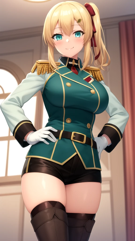 masterpiece, best quality, 1girl, solo, looking at viewer, emma_brightness, blonde hair, aqua eyes, ribbon, side ponytail, large breasts, military uniform, coat, black shorts, epaulettes, brown belt, thigh boots, white gloves, smile, hands on hips, indoors,