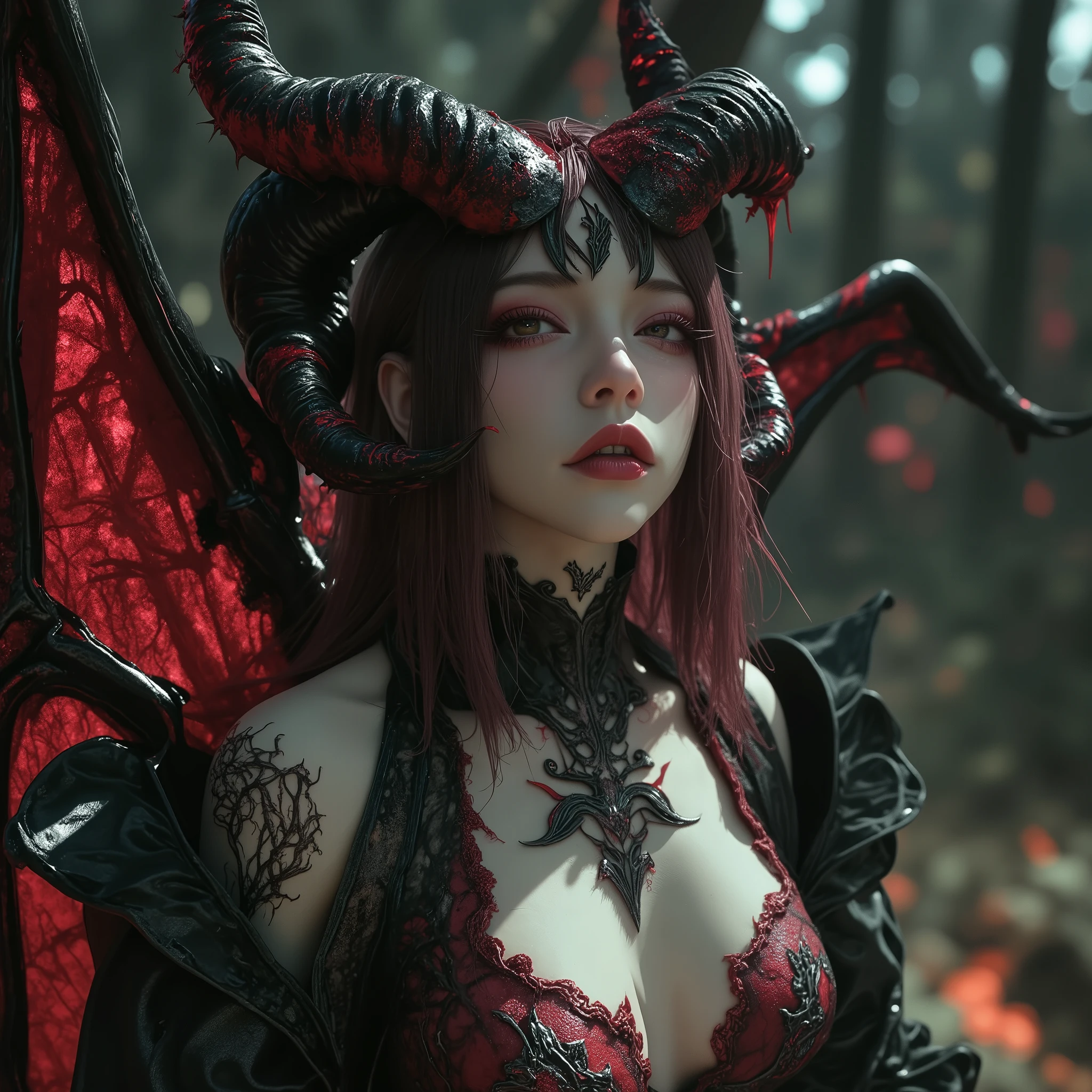 (naked:1.25), (Lady Death:1.25), (demoness with Large horns:1.25),(1 super muscular succubus with flayed skin:1.5), (covered in thick muscle:1.5), (dystopian horror gothic:1.5), ( surreal:1.5), high detail, best quality, masterpiece, finely detail, realistic skin texture, 85 mm art lens, f 1.2, sharp focus, 8 k high definition, insanely detailed, intricate,
