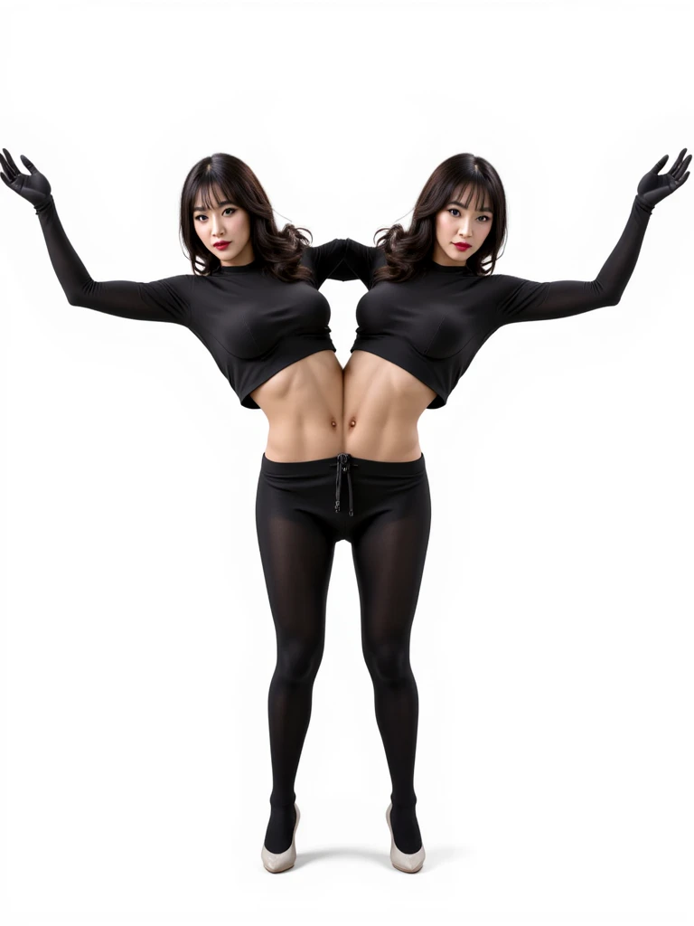 2 heads,Portrait of a 60 year old woman with short brown hair, captivating gaze, brown eyes, wrinkles on her face, black pantyhose,high heel boots,reveal her big saggy breasts, light makeup and red lips. 32k