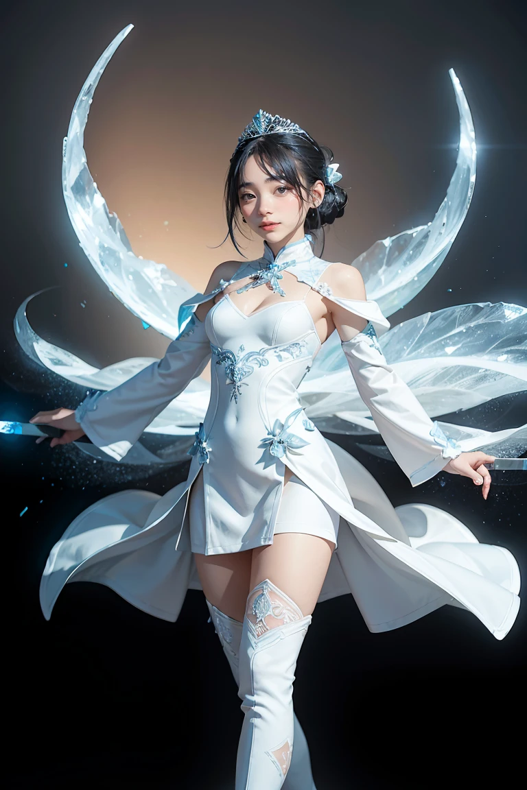 beautiful girl, a white snake wraps around her body, (Full body like：1.4), detailed and accurate depth of fields，8K, A high resolution, masterpiece, beautiful wallpapers, high quality, high detail, the perfect face, crystallineAI, fractal art, forest, winter, school ribbon,
