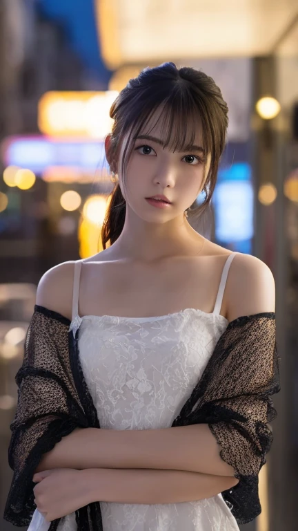 Poor posture、(Very delicate and beautiful work)、(masterpiece)、One Girl、Girl in a dress、High definition、Lumbar leakage、Ponytail Distortion、attractive外観、Beautiful and clear eyes、blue eyes、Delicate necklace、Delicate earrings、Fairy ears、Simple background blur、Super detailed description、Beautiful poop、attractive、Ultra-fine painting、Delicate face、Delicate figures、Thin clavicle、Nice lips、Beautiful breasts、Softback、Mix 4、(8k、Raw photo、Highest quality) 、masterpiece:1.2)、(Realistic、Photorealistic:1.37)、1 Girl、cute、Cityscape、night、rain、Wet、Professional Lighting、Photon Mapping、Radio City、Physically Based Rendering、Esbian all over、Random hair color、