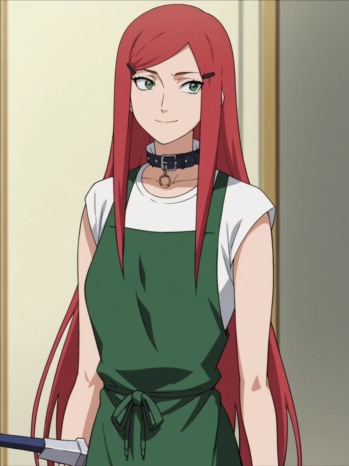 animated screencap , 1girl, solo, Kushinauzumaki ,  long hair, hairclip, small green apron , camisa blanca, collar, weapon arrives,  raised her arm , axila, sexy body,  slim waist ,  looking at the spectator ,  head to the spectator, smile,  Closed mouth , mother, bottomless, presumed, beautiful vagina, red hair, long hair, hairclip, red hair, 