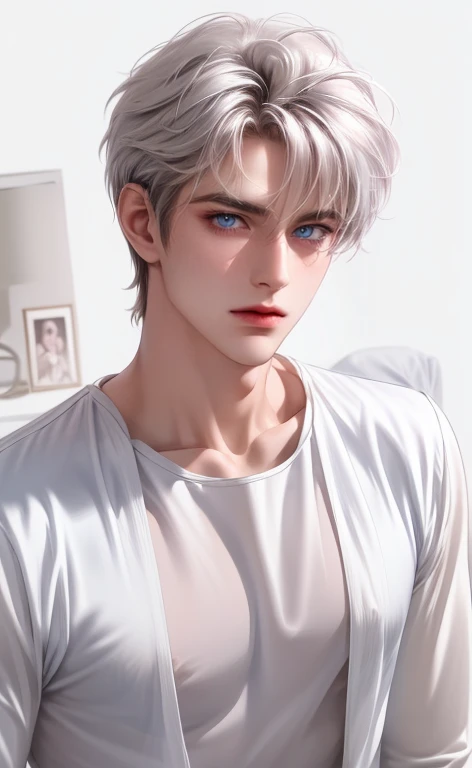 1 male, high resolution 8k, adult, handsome, perfect face detail, detailed eyes and face, clean shaved, sixpack realistic, white eyebrow hair, white eyelashes, dynamic lighting, unreal engine, hd picture, satoru gojo, Jujutsu kaisen, white hair, short hair ,hair between eyes ,blue eyes, white skin,