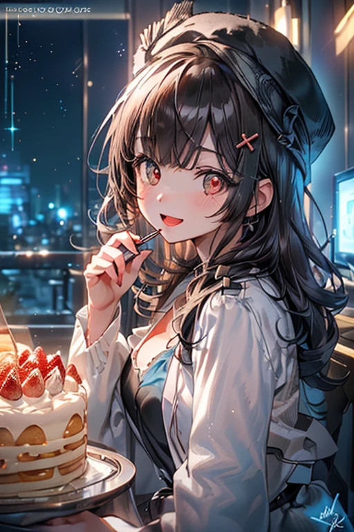 1 Female,High definition,high resolution,Ultra-realistic,8K, aki1, izayoi aki, solo, gloves, elbow gloves, breasts, jewelry, cleavage, choker, necklace, black thighhighs, black gloves, large breasts,European,sexy,Upper body close-up,Photographed from the front,Dynamic Angles,private teacher,blush, medium tits,4k, high resolution, detailed face,((upper body)), birthday decorations party background ,(holding a birthday cake),(leaning towards),(top view)