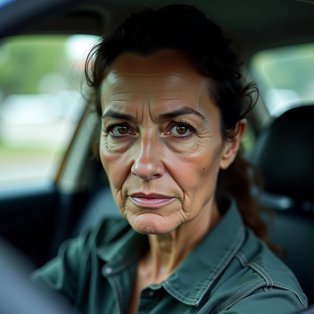 Ugly mother 55 years on car front passenger seat turns towards back seat with her head