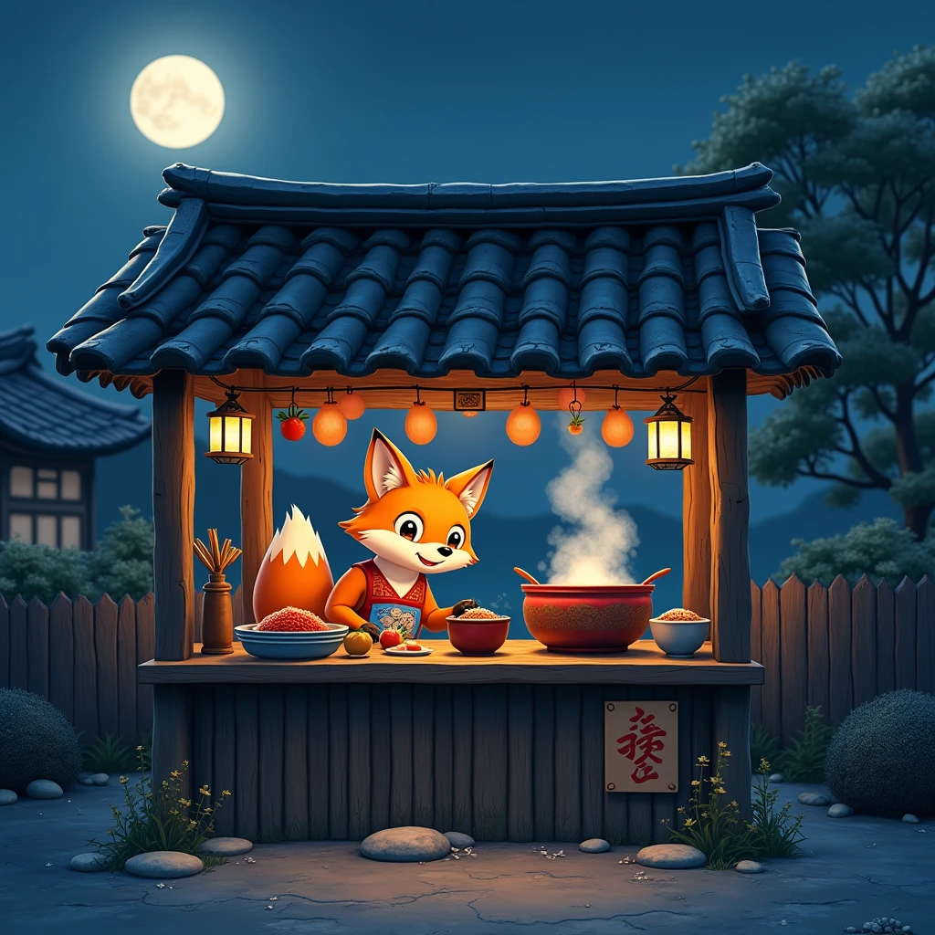  Old Wooden Stall 、Steam from the wooden roof 、 Oden Stall 、Fox shopkeeper wearing an apron、 Cool Night Atmosphere、Full moon night、 Steam from Oden Pot 、Crisp lines、 sharp focus、 High Quality 、 8K ultra HD、 Amazing Full Color 、Plates, chopsticks, sake, and boar mouths on the counter、Realistic、 real pictures、