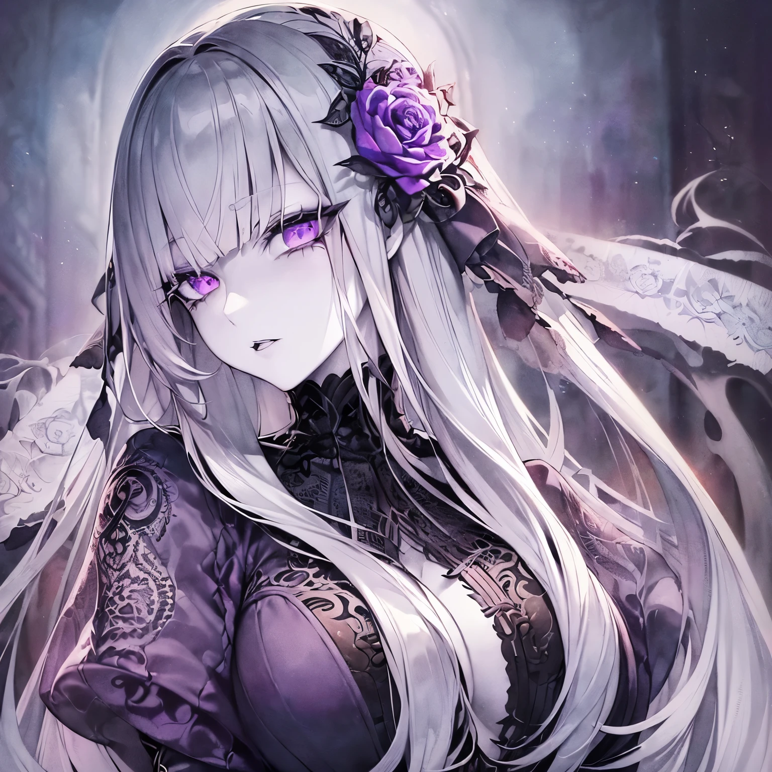 masterpiece, Amazing girl, full moon night, 1 female, Mature woman, elder sister, Royal elder sister, Cold Face, Expressionless, Silver-white hair woman, Light pink lips, calm, Intellectuals, Three-banded grey eyes, Assassin's Dagger, Flower ball background, Card Details, Finger details, Facial details, Eye details,