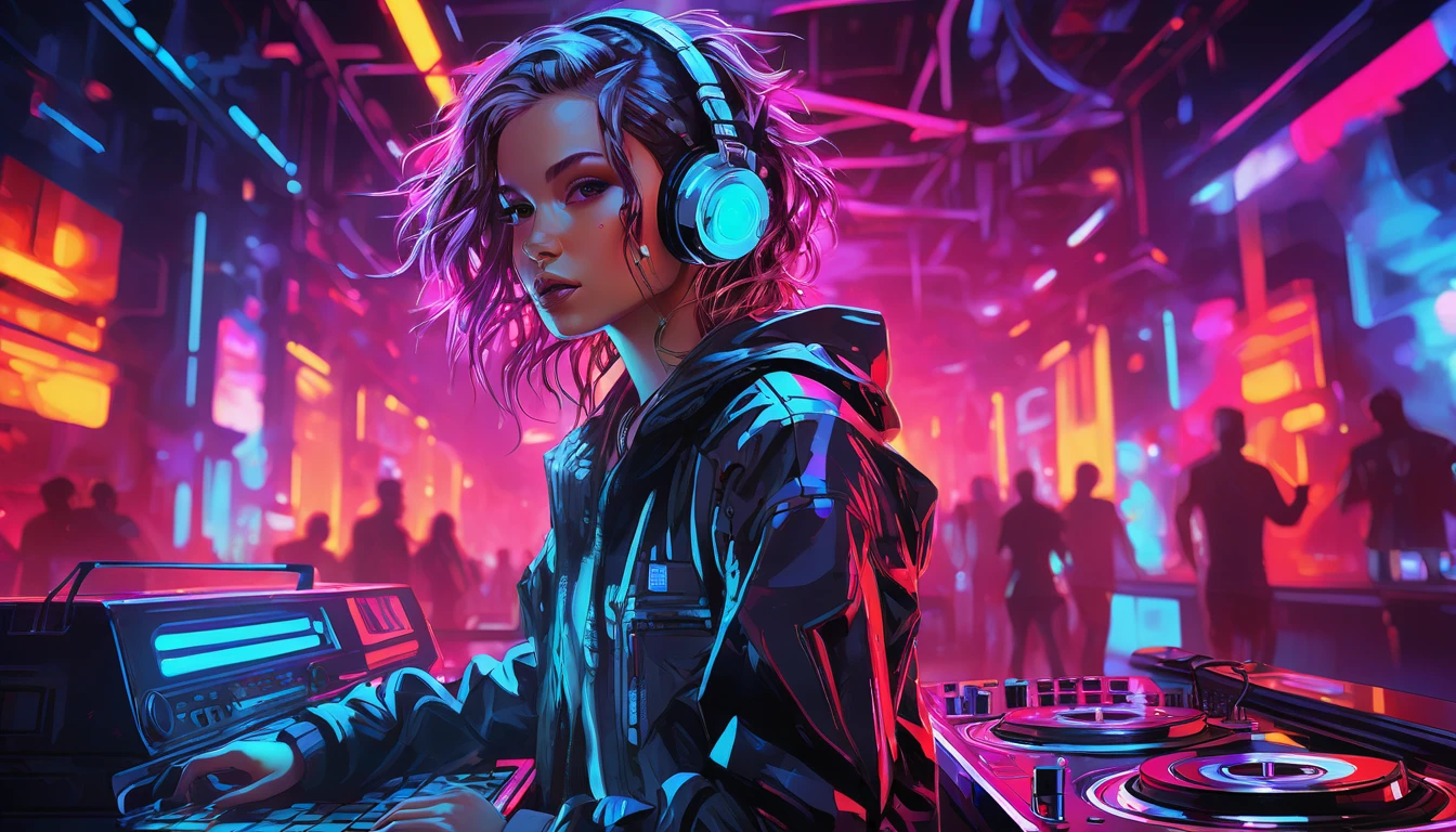 XSGB,portrait,1 girl,full body shot,dynamic,(Cyber DJ),(Mix music in a futuristic club:1.2),(glowing neon lights:1.1),Dynamic portrait of a cybernetic DJ mixing music in a futuristic club with bright neon lights,(holographic record player),(crowd dancing in the background),(Energy atmosphere:1.3),Capturing the energy of futuristic nightlife.,