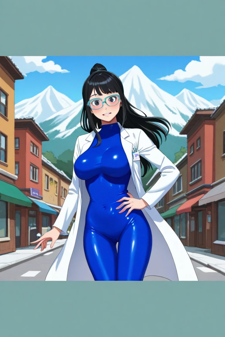 Asian cosplay, beautiful face, black hair, blue lab glasses, lab coat, ponytail, blue latex, big tits