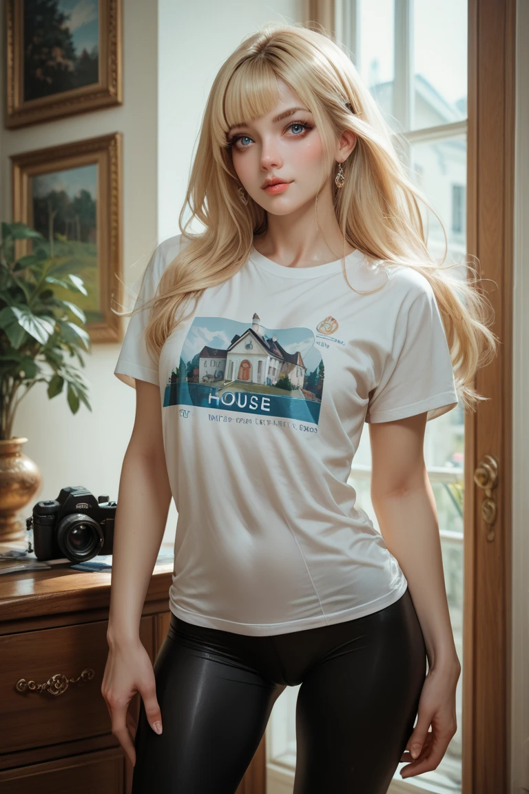 (Stock Photography, Award Winning) DV_Bella_Vicious is (skinny), (Cozy cabin with a roaring fireplace) (wearing Capri leggings and oversized tee) (Butterfly braid) by Steve McCurry, 35mm, F/2.8, ((Photo Focus, DOF, Aperture, insanely detailed and intricate, character, hypermaximalist, beautiful, revealing, appealing, attractive, amative, hyper realistic, super detailed))(DOF, blurry background), Curious facial expression