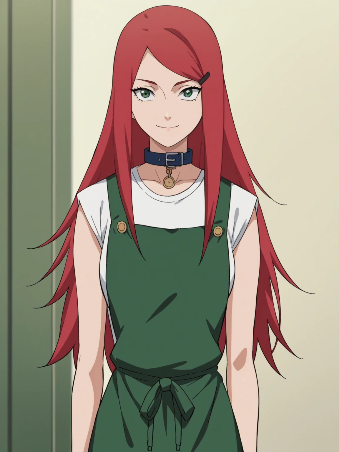 animated screencap , 1girl, solo, Kushinauzumaki ,  long hair, hairclip, small green apron , camisa blanca, collar, weapon arrives,  raised her arm , axila, sexy body,  slim waist ,  looking at the spectator ,  head to the spectator, smile,  Closed mouth , mother, bottomless, presumed, beautiful vagina, red hair, long hair, hairclip, red hair, 