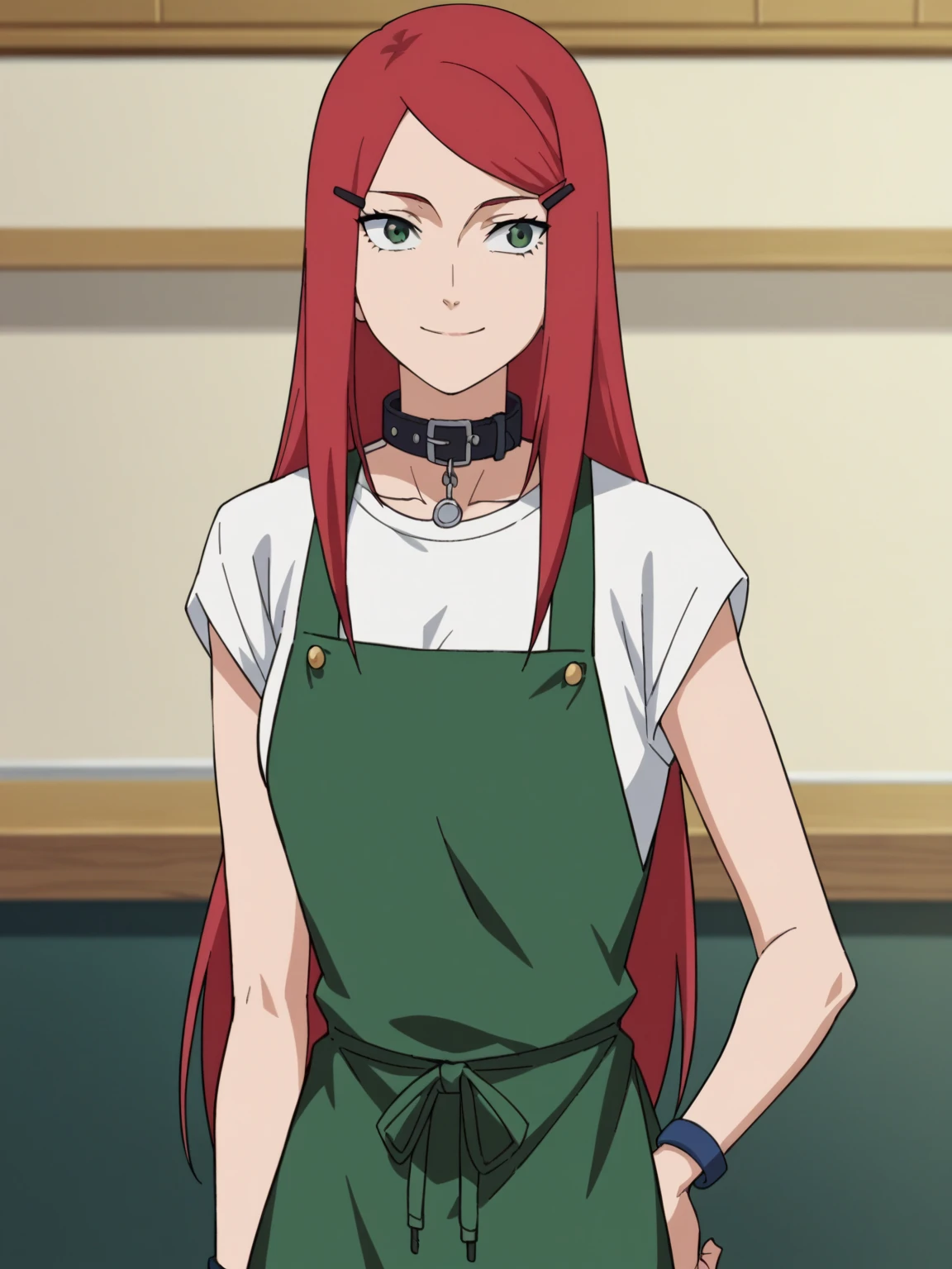 animated screencap , 1girl, solo, Kushinauzumaki ,  long hair, hairclip, small green apron , camisa blanca, collar, weapon arrives,  raised her arm , axila, sexy body,  slim waist ,  looking at the spectator ,  head to the spectator, smile,  Closed mouth , mother, bottomless, presumed, beautiful vagina, red hair, long hair, hairclip, red hair, 